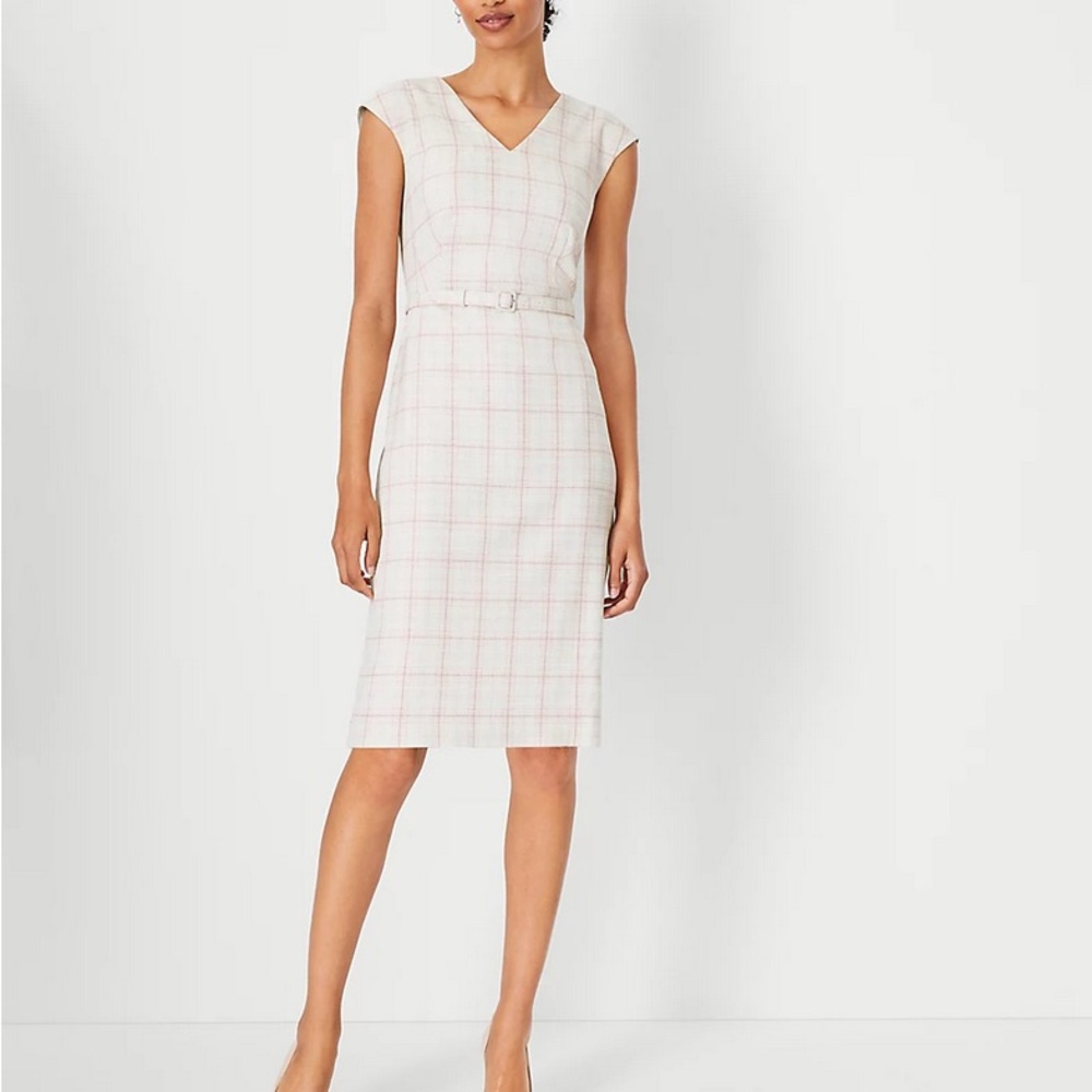 Ann Taylor- The Belted V-Neck Sheath Dress in Plaid - Rose Bloom